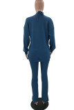Bleu Mode Casual Solide Cardigan Gilets Pantalons Manches Longues Ensemble Trois Pièces