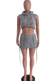 Grey Sexy Solid Hollowed Out Patchwork Hooded Collar Sleeveless Two Pieces