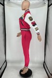 Rose Red Casual Letter Print Patchwork Cardigan O Neck Long Sleeve Two Pieces