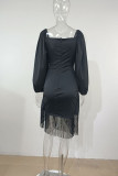 Black Casual Solid Tassel Patchwork Asymmetrical V Neck Straight Dresses