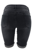 Short en jean taille haute à plis patchwork uni noir Street