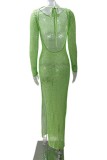 Vestido largo con cuello en O y abertura transparente ahuecado sólido sexy verde Vestidos