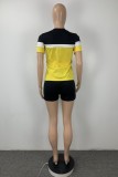 Yellow Casual Patchwork Contrast O Neck Short Sleeve Two Pieces