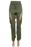 Army Green Street Solid ausgehöhlte Patchwork-Hose mit normaler, gerader, einfarbiger Hose und hoher Taille