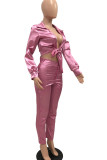 Pink Sexy Solid Bandage Patchwork Turndown Collar Long Sleeve Two Pieces