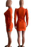 Tangerine Casual Solid Patchwork Buckle Fold O Neck Pencil Skirt Dresses
