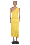 Yellow Street Solid Flounce One Shoulder Irregular Dress Dresses