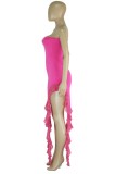 Розово-красное сексуальное повседневное однотонное платье без бретелек с разрезом на спине и асимметричным платьем