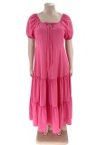 Rose Red Casual Solid Hollowed Out Patchwork Frenulum U Neck Long Dress Plus Size Dresses