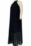 Black Elegant Solid Patchwork Fold Halter A Line Plus Size Dresses