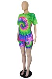 Yellow Purple Casual Print Tie-dye O Neck Short Sleeve Two Pieces