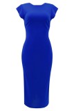 Black Casual Solid Patchwork Slit O Neck One Step Skirt Short Sleeve Dress