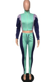 Green Fashion Casual Solid Patchwork Zipper Collar Long Sleeve Two Pieces