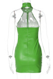 Vestidos de falda de lápiz halter sin espalda de patchwork sólido sexy verde