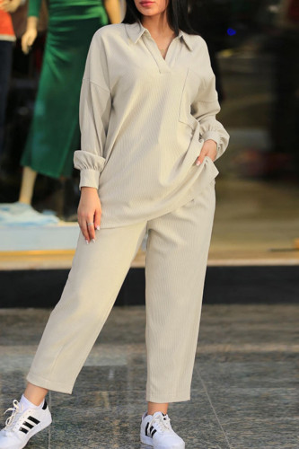 Apricot Casual Solid Patchwork Turndown Collar Long Sleeve Two Pieces