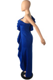 Blue Fashion Sexy Solid Patchwork Slit One Shoulder Evening Dress Dresses