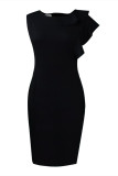 Black Casual Elegant Solid Flounce Zipper O Neck Wrapped Skirt Dresses