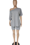 Grey Casual Solid Patchwork Oblique Collar Short Sleeve Two Pieces
