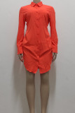 Tangerine Red Casual Solid Bandage Patchwork Buckle Turndown Collar Shirt Dress Dresses