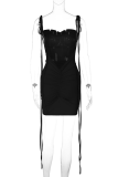 Black Sexy Solid Backless Fold Strap Design Spaghetti Strap Dresses