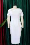 White Casual Solid Patchwork Oblique Collar Pencil Skirt Short Sleeve Dress