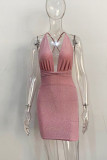 Pink Sexy Solid Bandage Patchwork Backless Spaghetti Strap Bleistiftrock Kleider