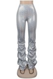 Silver Casual Solid Fold vanliga byxor med hög midja