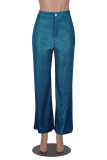 Синие повседневные однотонные однотонные брюки в стиле пэчворк с высокой талией