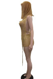 Золотой сексуальный однотонный бинт без спинки с капюшоном и воротником без рукавов из двух частей