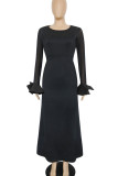 Zwarte elegante effen patchwork O-hals recht grote maten jurken