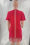 Red Casual Letter Print Tassel O Neck Short Sleeve Dress