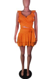 Orange Sexy Solid Bandage Patchwork Flounce Square Collar Sleeveless Two Pieces