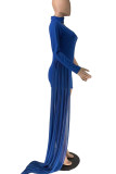Azul sexy sólido patchwork asimétrico medio cuello alto un paso falda vestidos