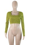 Green Yellow Casual Solid Basic U Neck Tops