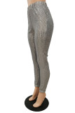 Silver Sexy Solid Sequins Mid Waist Pencil Bottoms