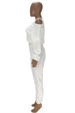 Weiß Mode Lässig Einfarbig Grundlegend Schräger Kragen Langarm Dreiteiliges Set