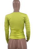 Fluorescent Color Casual Solid Patchwork Fold O Neck Tops