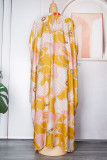 Gele casual print patchwork halve coltrui lange jurkjurken