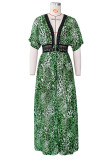groene sexy print luipaard bandage patchwork doorzichtige v-hals lange jurk jurken