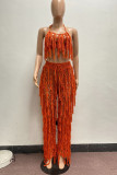 Rose Red Fashion Casual Solid Tassel Hollowed Out Backless Spaghetti Strap Sleeveless Two Pieces