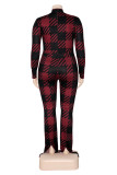 Burgundy Casual Geometric Print Patchwork Slit Turtleneck Plus Size Jumpsuits