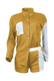 Earth Yellow Casual Solid Patchwork Buckle Turndown Collar Long Sleeve Two Pieces