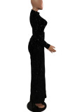 ブラック セクシー エレガント ソリッド パッチワーク 非対称 スパンコール O ネック 不規則なドレス ドレス