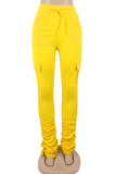 Yellow Drawstring High Solid Pocket Draped Boot Cut Pants Bottoms