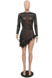 Black Sexy Patchwork Hot Drilling See-through Feathers Beading Asymmetrical Half A Turtleneck Long Sleeve Dresses