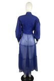 Hide Blue Casual Patchwork Solid Mesh Without Belt Mandarin Collar Irregular Dress Plus Size Dresses