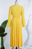 Yellow Casual Solid Frenulum Pleated V Neck Long Sleeve Dresses