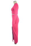 Rose Red Sexy Solid Patchwork Slit U Neck Long Sleeve Two Pieces