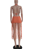 Dark Khaki Sexy Solid Tassel Hollowed Out Patchwork Backless Swimwears Cover Up