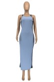 Sky Blue Sexy Solid Patchwork See-through Slit O Neck Long Dress Dresses